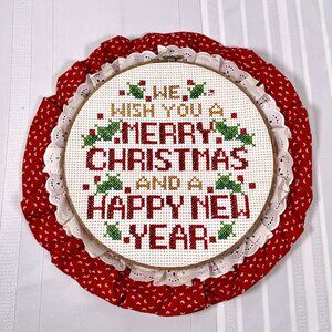 VTG Cross Stitch Merry Christmas Happy New Year Cottage Wall Hanging Hoop Decor